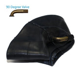 Angled view of the 2.80 x 2.50-4 / 9 x 3.50-4 Wheelchair Inner Tube shown with a 90 degree Schrader valve